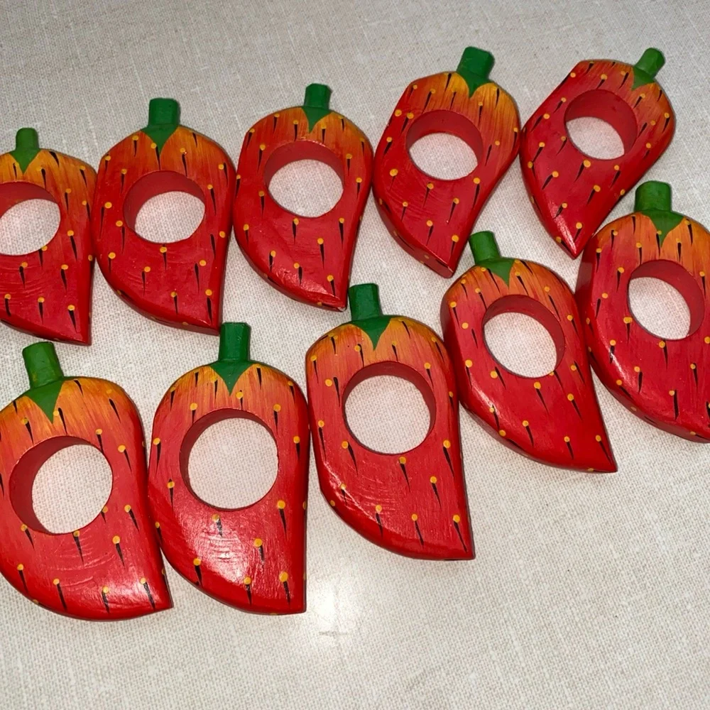 Vintage Wooden Strawberry Napkin‎ Rings Set (10)